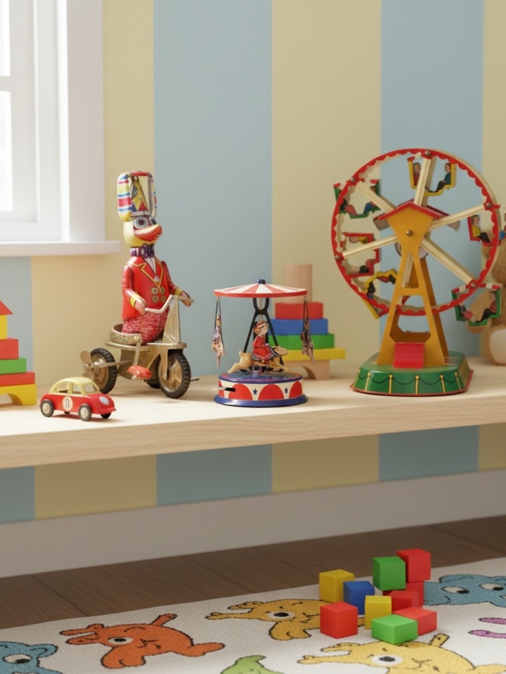 3 Vintage Toys Ferris Wheel, Carousel, and Duck Lithograph Vintage All work